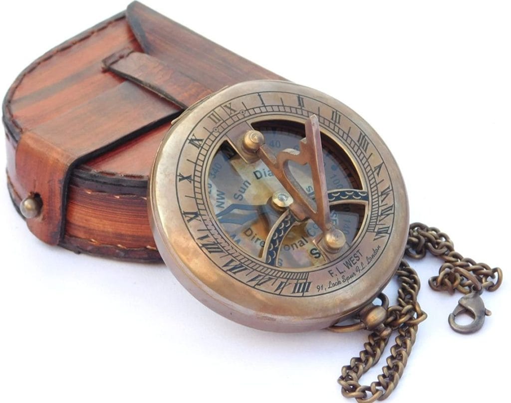 Antique Brass Push Button Sundial Compass with Leather Case and Chain