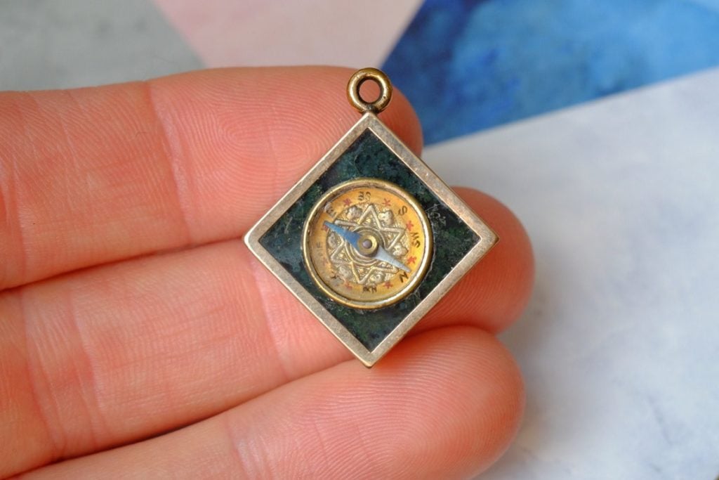 Antique Gold Plated & Agate Miniature Compass Charm Pendant, circa 1900