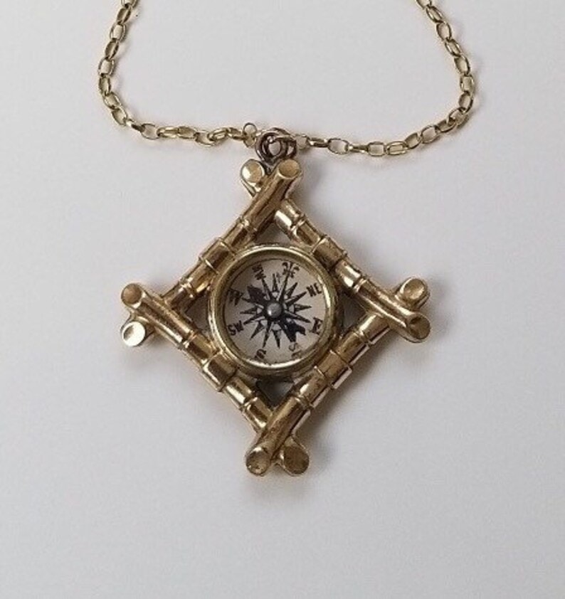Antique Victorian Compass Fob Pendant & Gold Chain - Bamboo Design