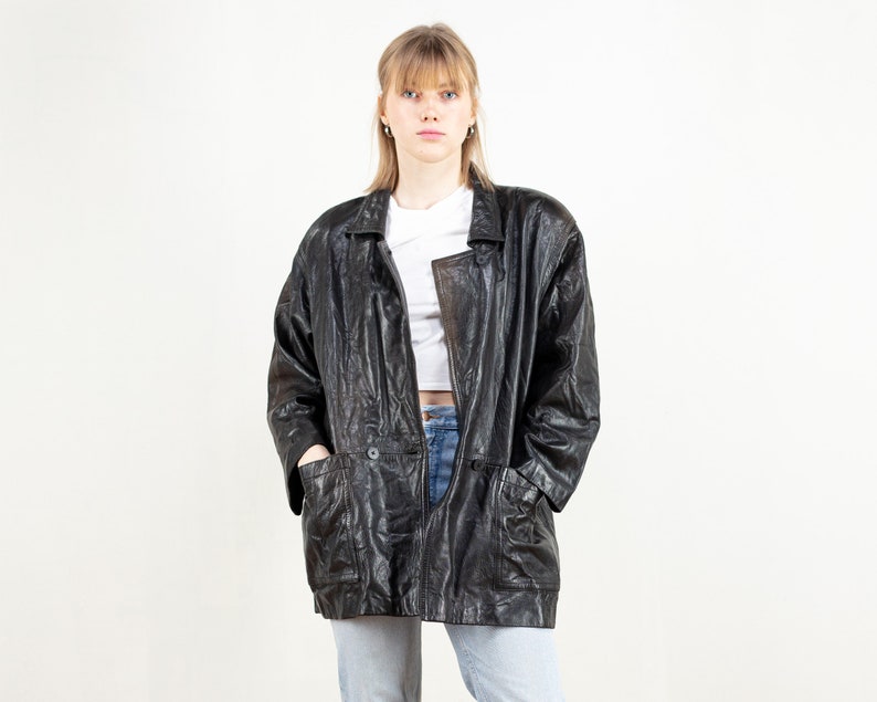 Black Leather Jacket 80s blazer jacket oversized coat women vintage clothing minimalist jacket leather outerwear biker jacket size large