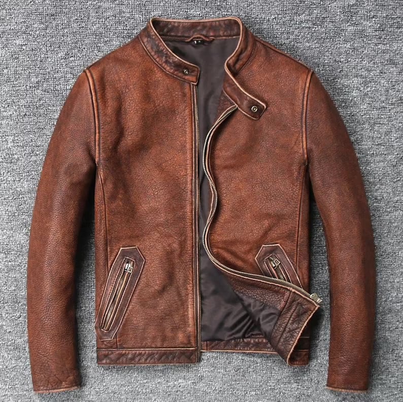 Men's Genuine Leather Jacket Distressed Brown Streetwear Vintage Style Real Cowhide Leather Coat