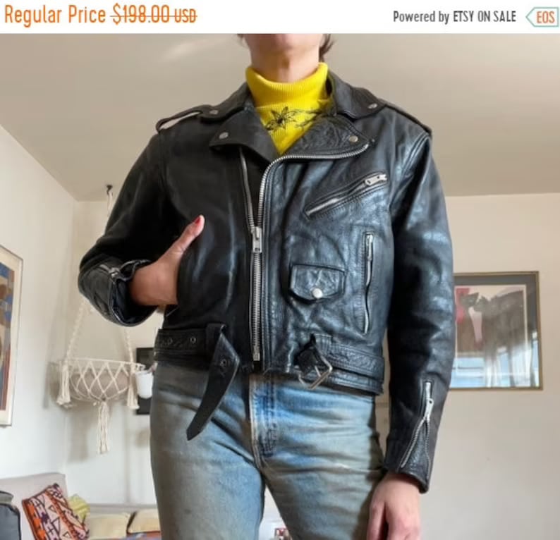 Sale 1980's 90's Black Leather Moto Motorcycle Jacket Cropped Oversized Rocker Boho Hippie Steampunk Western Biker Broken In Men’s 40