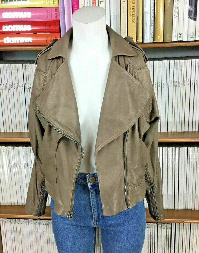 Vintage 2000s does 1980s Women’s Lambskin Leather Biker Jacket Bomber UK 6 8 Taupe Batwing Oversize US 2 4 Coat Cropped Biker