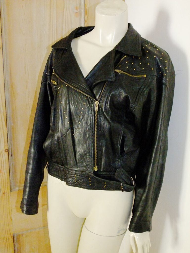 Vintage Leather Jacket 80s Retro Black Studded Slouchy M VTG Punk Biker New Wave