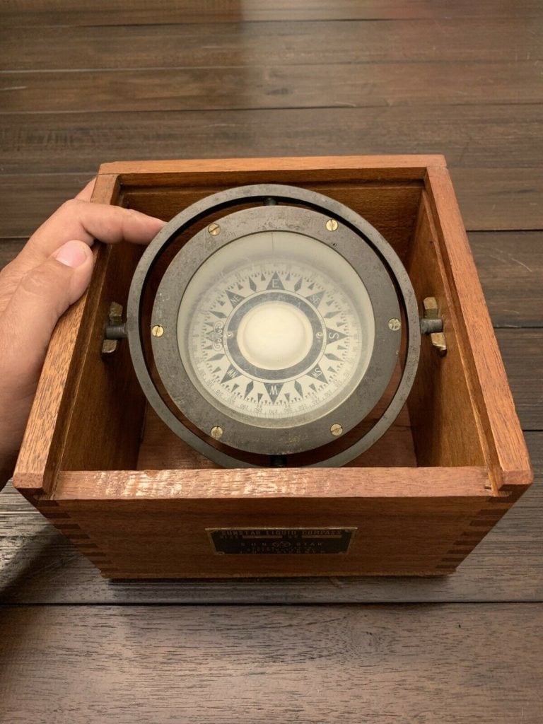 Boxed liquid-filled boat compass, circa 1940, Marine compass Co..