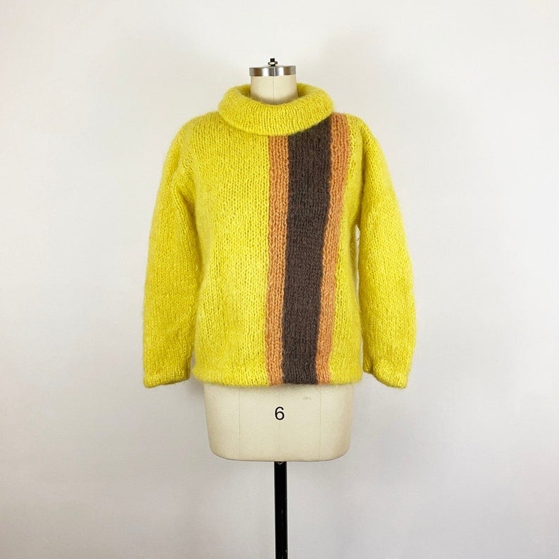 1960s Peck & Peck Bright Yellow Striped Orange Brown Sweater Mohair Wool Mod Vintage 60s Turtleneck Unique Italy