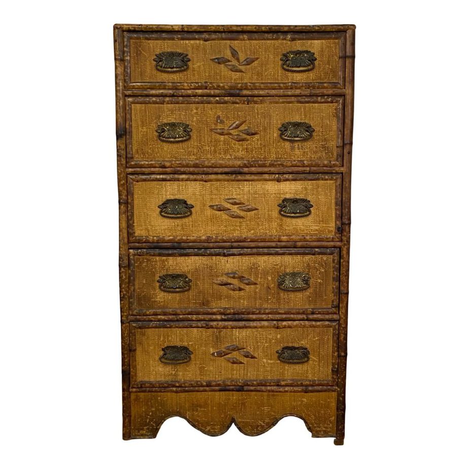 Antique Bamboo & Fiber Trimmed and Covered Pine Chest of Drawers