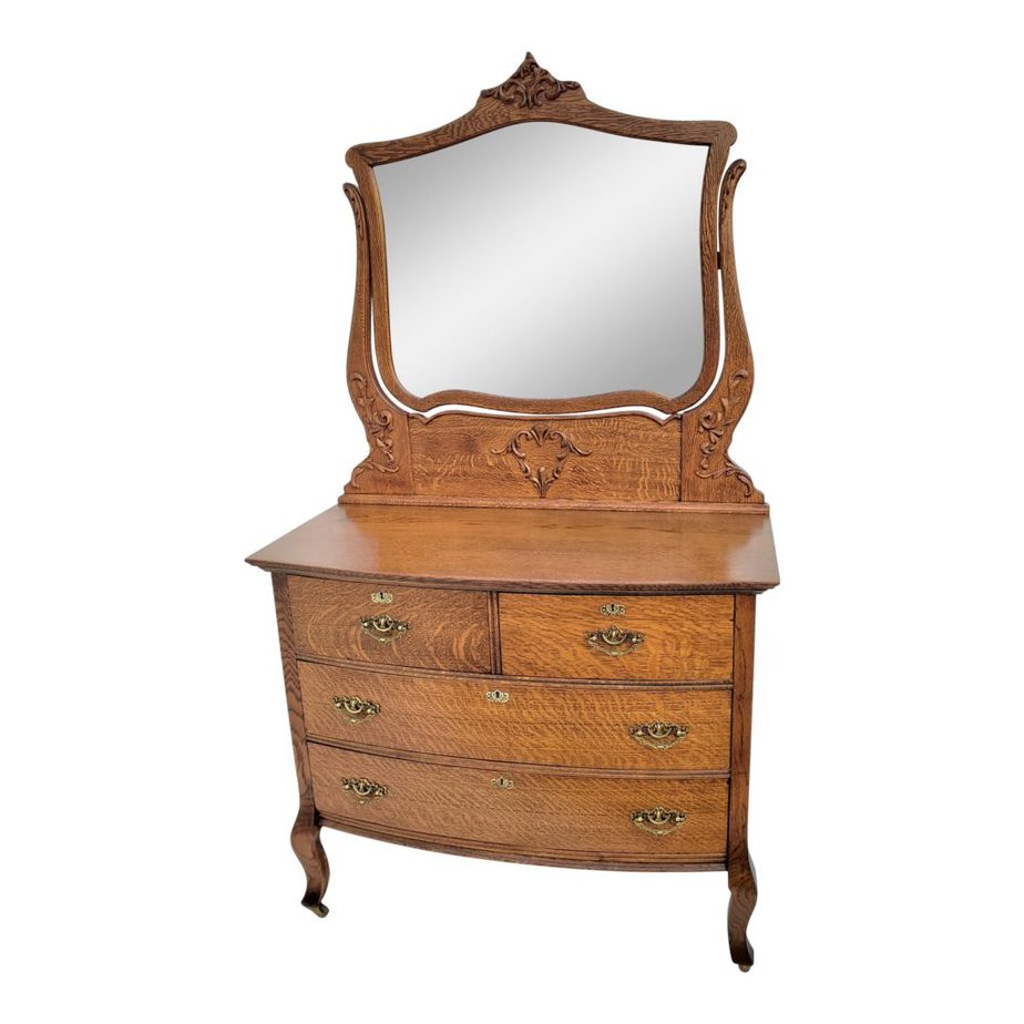 Antique Victorian Tall Tiger Oak American Dresser Chest With Mirror Circa 1900's