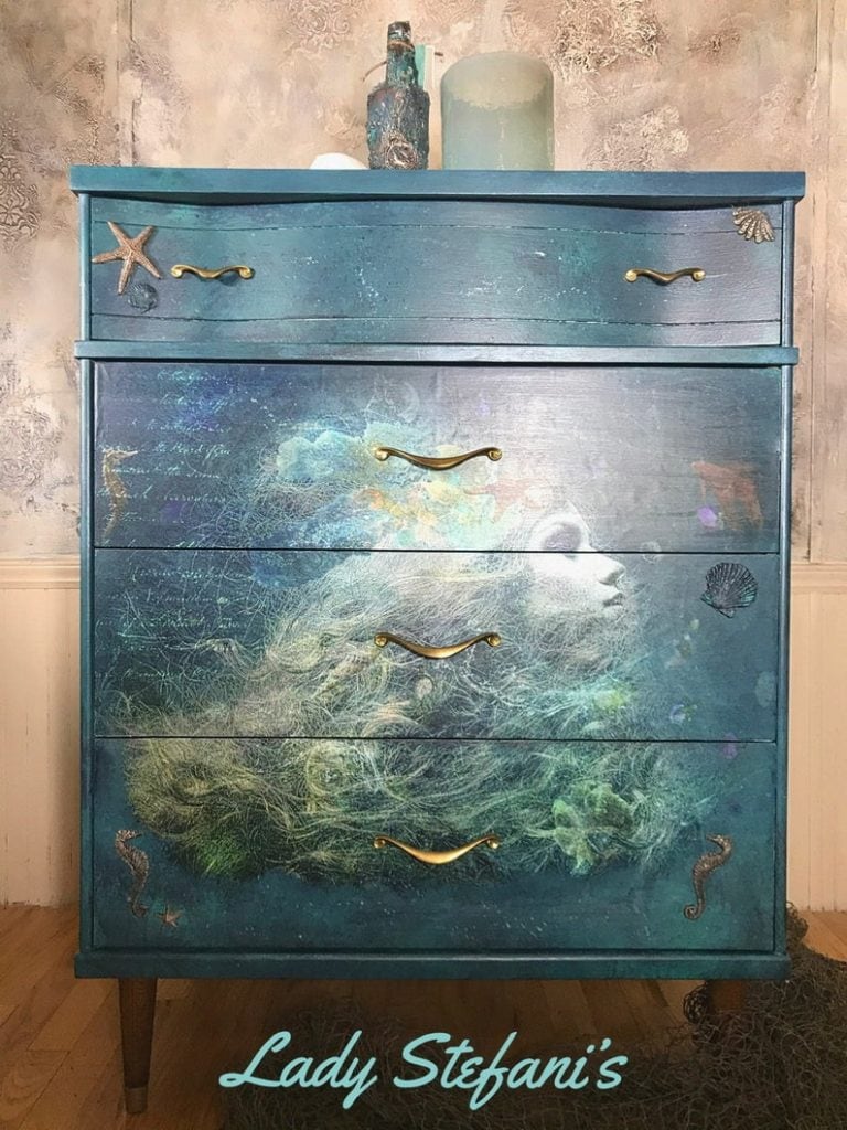 Boho mermaid dresser, hand-painted MCM dresser