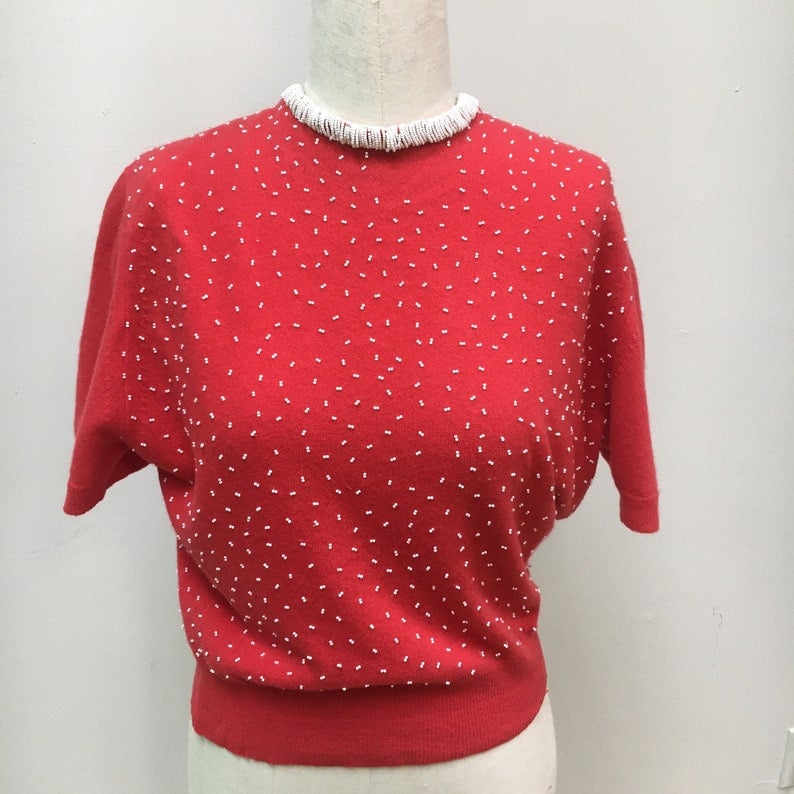 Sz L 1950's Cashmere beaded sweater