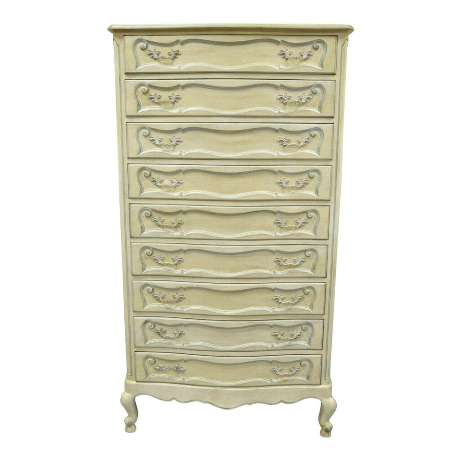 Vintage French Provincial Cream Blue Paint Tall Narrow
