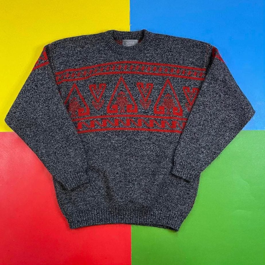 Vintage Sweater. Soft knit sweater by Le Tigré. Made in USA. Grey with red Hieroglyphics style design